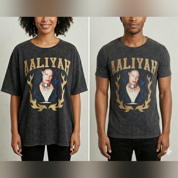 Aaliyah Tops - ​Aaliyah R&B Graphic TShirt Charcoal Grey Mineral Wash Size Medium Unisex